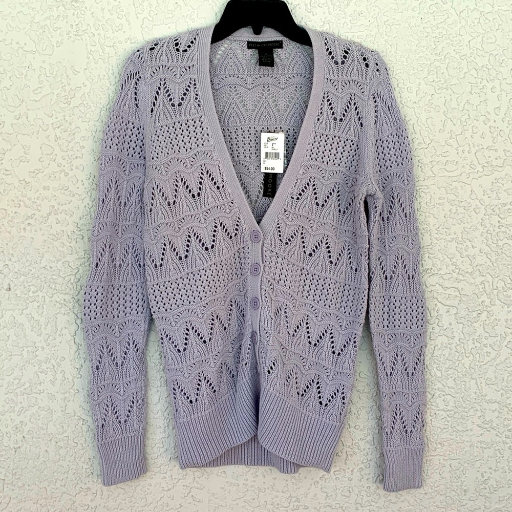 Preswick & Moore cable knit cardigan front buttons lavender color v neck style